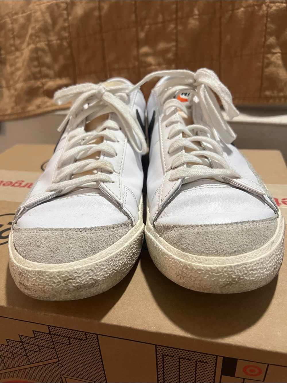Nike White Low-Top Sneakers with Black Swoosh and Cream Sole - Picture 4 of 5